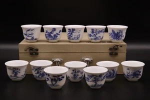 Set of 12 Chinese Blue and White Porcelain Tea Cups 2"x2.5" in Original Box - Picture 1 of 13