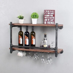 30" Industrial Wall Mounted Wine Rack Wood Shelf PIPE HANGING 5 Stem 2 tier - Picture 1 of 2