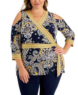 JM Collection Plus Size Nancy Paisley Print Wrap Top 2X - Image 1 of 3