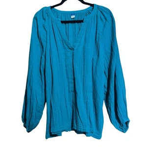 Old Navy Tunika Oberteil Damen XL grün Schlitz Ausschnitt Gaze Popover Langarm Bluse - Bild 1 von 9