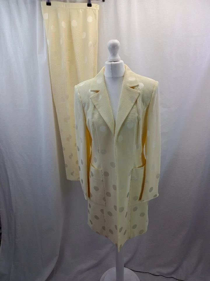 Simon Ellis cream white 2 piece suit polka dot long jacket + trousers UK 12 VGC — 第 1/4 张图片