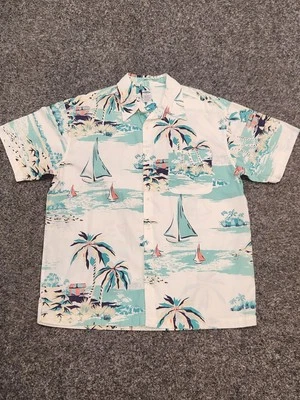 OLD NAVY Hawaiian Shirt Men Extra Large White Blue Boat Island Palm Aloha Camp - Image 1 of 4