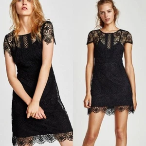 ZARA Size S Floral Lace Mini Little Black Dress Sheer Cap Sleeve Cocktail LBD - Picture 1 of 11