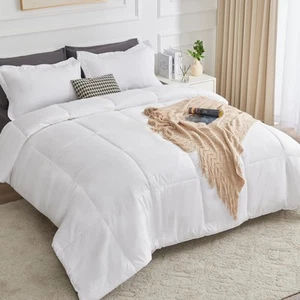 Queen Size Comforter Sets White - 3 Pieces Box Stitched Queen Bed Set for All... - Picture 1 of 8