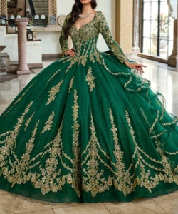 Glitter Green Quinceanera Dresses Appliques Backless Bow Sweet 15 16 Ball Gowns - Picture 1 of 11