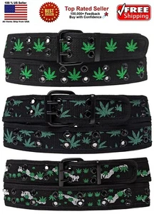 Marijuana Weed Potleaf Cannabis Grommet Stitched Canvas Fabric Military Web Belt - Picture 1 of 7