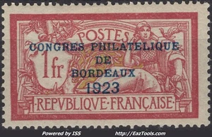 FRANCE CONGRES PHILA DE BORDEAUX 1923 N°182 NEUF * AVEC CHARNIERE SIGNÉ SCHELLER - Picture 1 of 2