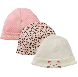 BABY GIRLS 0-3M POLKA DOT, ANIMAL PRINT & EMBROIDERED CAT SET of 3 HATS, PINK - Picture 1 of 4