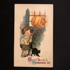 C 1908 Halloween Little Boy holds smiling Jack o Lantern on a Stick Black Cat 