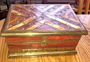 Wooden Wood Hinged Treasure Chest Red Box with Metal Accents and Bone Inlay - Picture 1 of 6