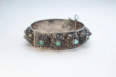 Antico Bracciale in argento filigranato con pietre turchesi – misura 18,5 cm - Immagine 1 di 4