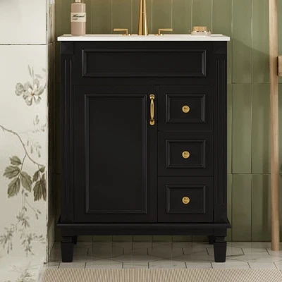 Tocador de baño de 24" con fregadero de cerámica, mueble lavabo de baño pequeño con 2 cajones Foto 1 de 4