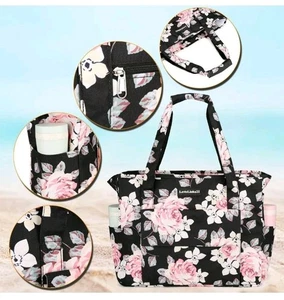 New Lovelinks21 Large  Beach Travel Bag Black Floral Pockets Attach To Suitcase - Picture 1 of 6