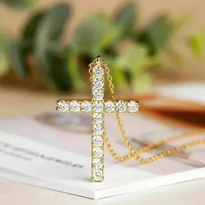 Кулон женский крест с круглым бриллиантом лабораторной огранки 2 карата покрытие желтым золотом 14 карат - Изображение 1 из 4