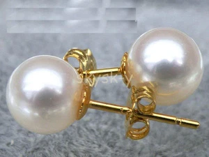 Perfect Round AAA++ 9.5-10mm White Akoya Sea Pearl Earrings 14k Yellow Gold - Picture 1 of 3