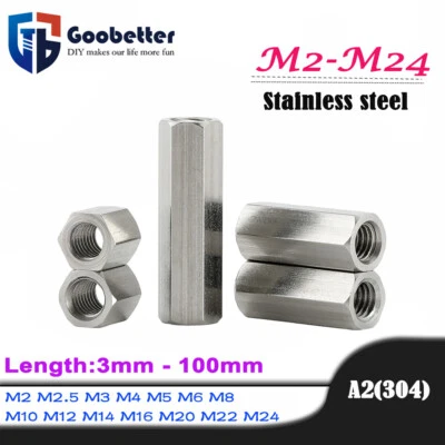M2 M2.5 M3 M4-M24 Metric Long Rod 304 Stainless Steel Hex Coupling Nut Connector - Image 1 of 4