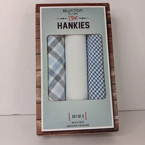 BUXTON Set Of Three Hankies 16" X 16" Blue And White 100% Cotton NEW IN BOX - Picture 1 of 6