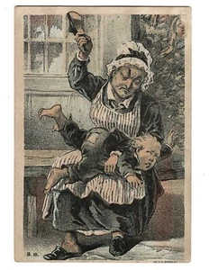 Tarjeta comercial victoriana de 1800 anciana azotando niño con zapato rosa reina jabón - Imagen 1 de 4