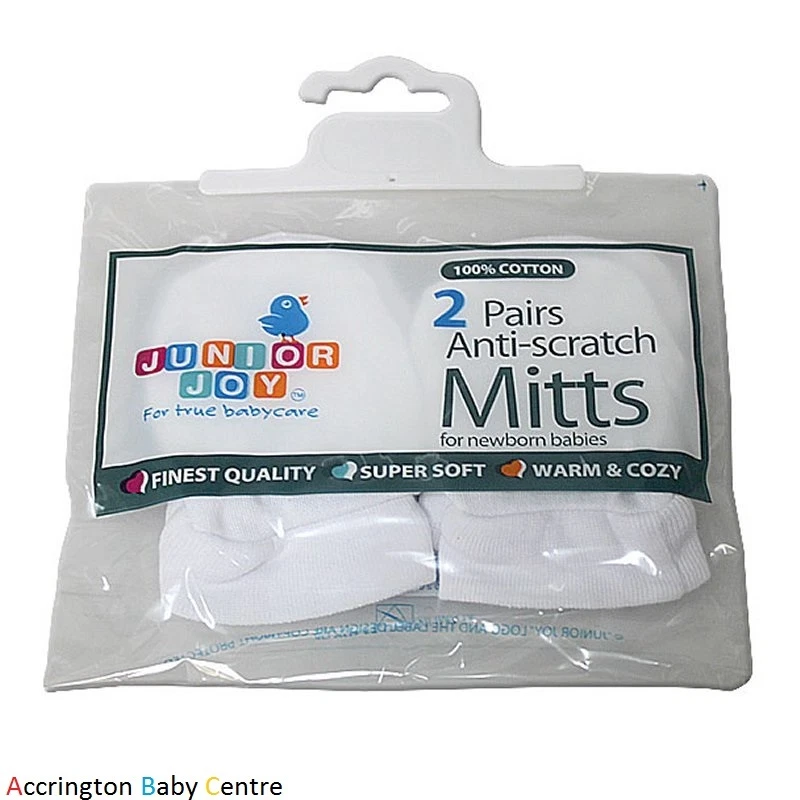 JUNIOR JOY NEW BABY NEWBORN ANTI SCRATCH MITTS MITTENS WHITE 2 PAIRS 100% COTTON SUPERSOFT
