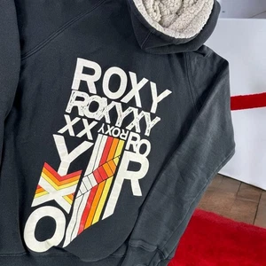 Vintage Roxy Sherpa Hoodie Girls M Black Graphic Back to School Cool Retro - Picture 1 of 13