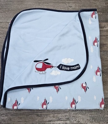 Gymboree I LOVE MOM Helicopter Cotton Baby Blanket Blue Red White Cloud- READ! - Image 1 of 4