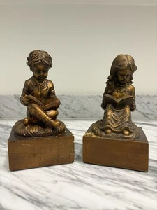 Bookends Boy and Girl Pair Vintage Reading Color Bronze 10" Brother Sister Love - Picture 1 of 22