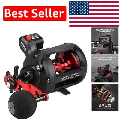 Carrete de pesca redondo ReKon Baitcasting - 30 lb arrastre, mano izquierda, diseño de grafito Foto 1 de 4
