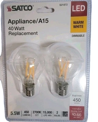 7-2 Pack Satco S21871 LED Filament 120V 5.5W =60W A15 Candelabra E12 Clear 2700K - Image 1 of 4