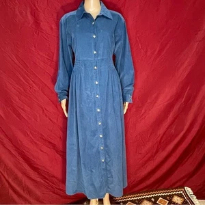 Vintage FADS Langarm bescheiden blau Cord Knopfleiste Kleid Größe 12 - Bild 1 von 10