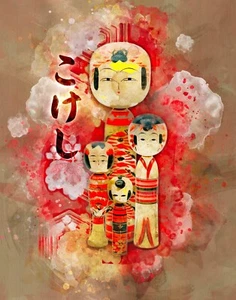 Japanese Kokeshi Doll Digital Photo Painting 8 x 10 Art Print, Ready For Framing - Picture 1 of 4