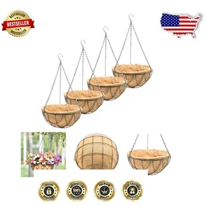 14-Inch Metal Hanging Planters with Coco Fiber Liners - 4 Pack for Outdoor Charm - Picture 1 of 9