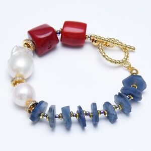 8" Cultured White Baroque Keshi Pearl Blue Kyanite CZ Red Coral Bracelet Gifts