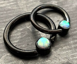 1pc Opal Set Flat-Back Black Plated Captive Bead Ring Septum Nipple Body Jewelry