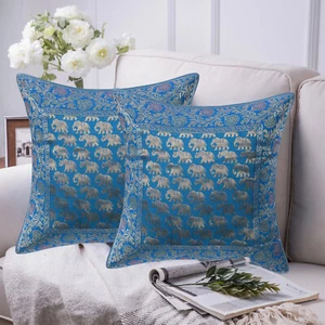 Indian Silk Turquoise Cushon Cover Elephant Print Sofa & Home Decor 16x16 in 2Pc - Picture 1 of 4