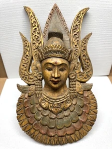 Hindu Goddess ? Wood Hand Carved Plaque 20" tall - Indonesia - Picture 1 of 5