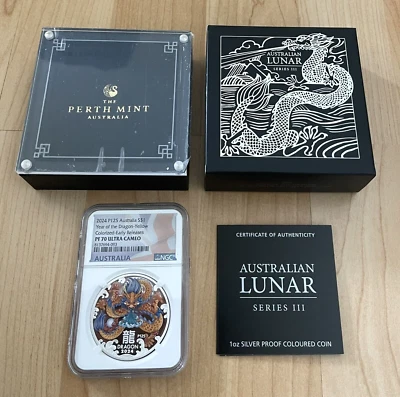 2024 Australia PROOF Colorized Year of the DRAGON 1 oz Silver BoxCOA ER NGC PF70 - Image 1 of 4