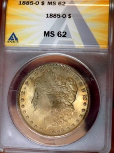 MORGAN SILVER DOLLAR 1885 O ANACS MS 62 MONSTER GOLDEN BRONZE TONED WOW COIN - Picture 1 of 4