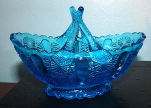 Vintage Fenton Blue Glass Daisy and Button Oval Basket with Split Twig Handle - Picture 1 of 5
