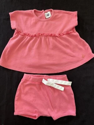 Petit Bateau 2-Piece Salmon Cotton Knit Top & Shorts Outfit-12 Mos - Image 1 of 4