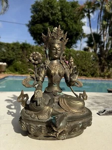 Chinese Tibetan Gilt Bronze Bodhisattva Buddha Green Tara 12” Marked Sculpture - Picture 1 of 24