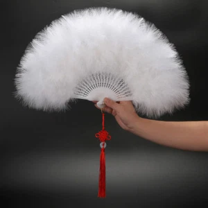 Lady Feather Folding Fan Tasseled Pendant Handheld Chinese Knot Dancing Evening - Picture 1 of 24