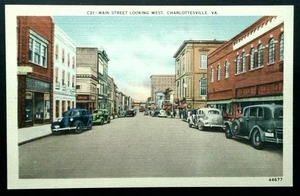 Vintage Leinen Postkarte Main Street Charlottesville VA 1930er Litho - Bild 1 von 2