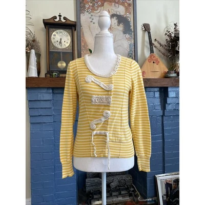 Anthropologie Sparrow M Yellow Striped Sweater Crochet Button Cardigan Y2K - Image 1 of 4