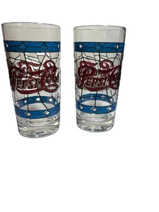 Vintage 1970er Pepsi Cola Tiffany Stil Buntglas 12 Unzen - 2er Set - Bild 1 von 5