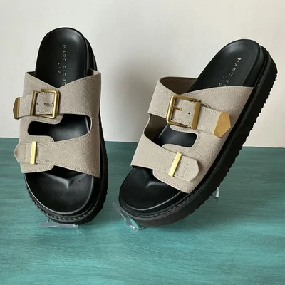 Marc Fisher LTD Amira Platform Slides Women’s Sz 9 Tan Leather Gold Strap Wedge - Image 1 of 4