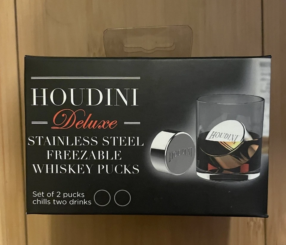 Nuevo juego de 2 discos de whisky congelables de acero inoxidable Houdini Deluxe nuevos en caja Foto 1 de 1