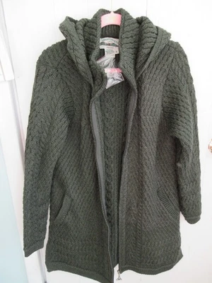 NEW Aran Craft Sweater Coat Hooded Zippered Cardigan Green XL Womens Irish - Image 1 of 4