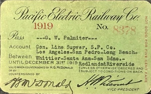 PACIFIC ELECTRIC RAILWAY PASS- 1919, California - Picture 1 of 2