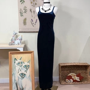 Vintage 90s Y2k Blue Velvet Maxi Dress Gown Whimsigoth Romantic Goth Party XS - Picture 1 of 6
