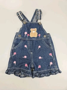 Vintage Y2k 90s Denim Shortalls Embroidered Teddy Bear Flowers Overalls 0-6 M - Picture 1 of 7